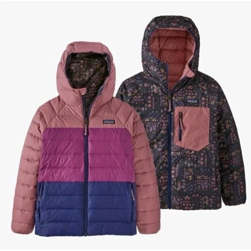 Patagonia Kids' Reversible Down Sweater Hoody - Wandering Woods, Girls Size XXL